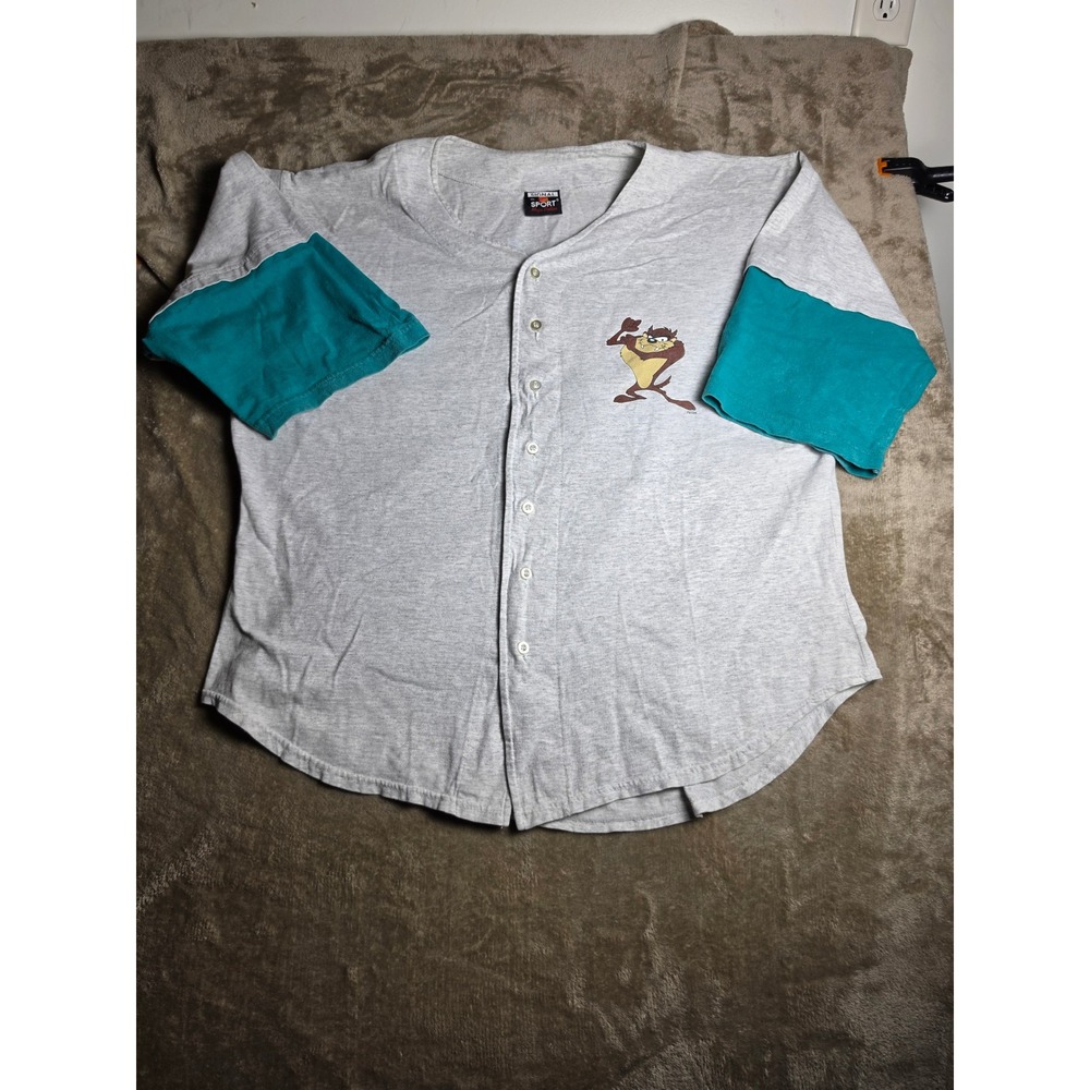 Vintage Signal Sport Taz Whatever Baseball Jersey Shirt Mens XL Gray Teal USA